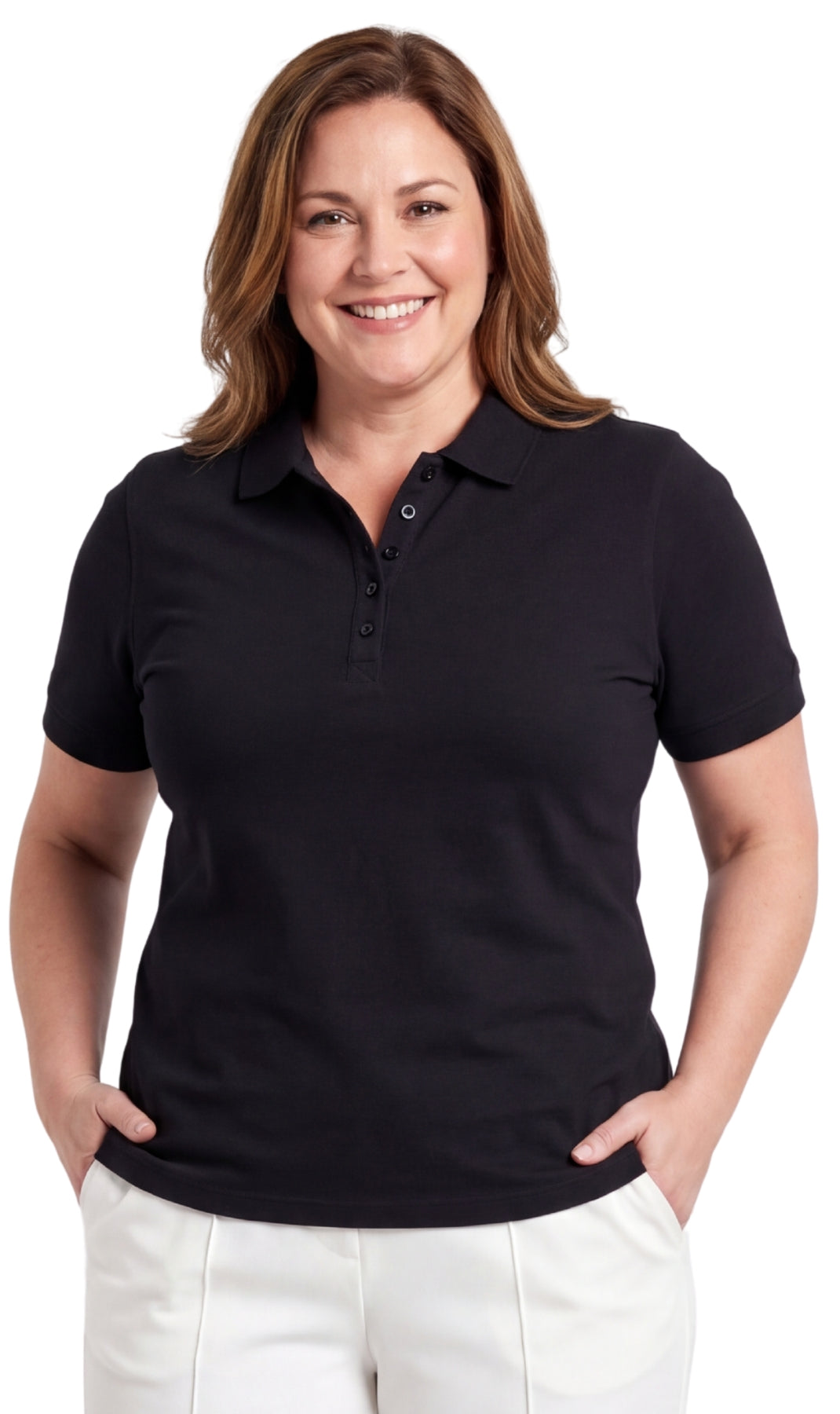 Women's Short Sleeve Pique Knit Polo Shirt in Relaxed Fit Pocketless Jersey