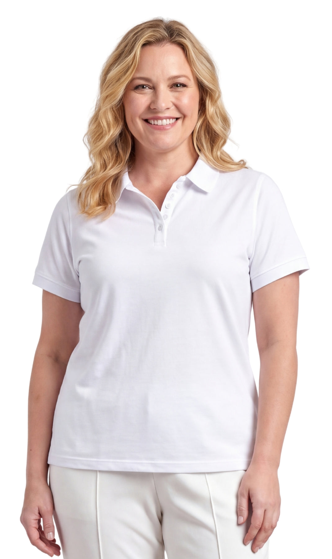 Women's Short Sleeve Pique Knit Polo Shirt in Relaxed Fit Pocketless Jersey