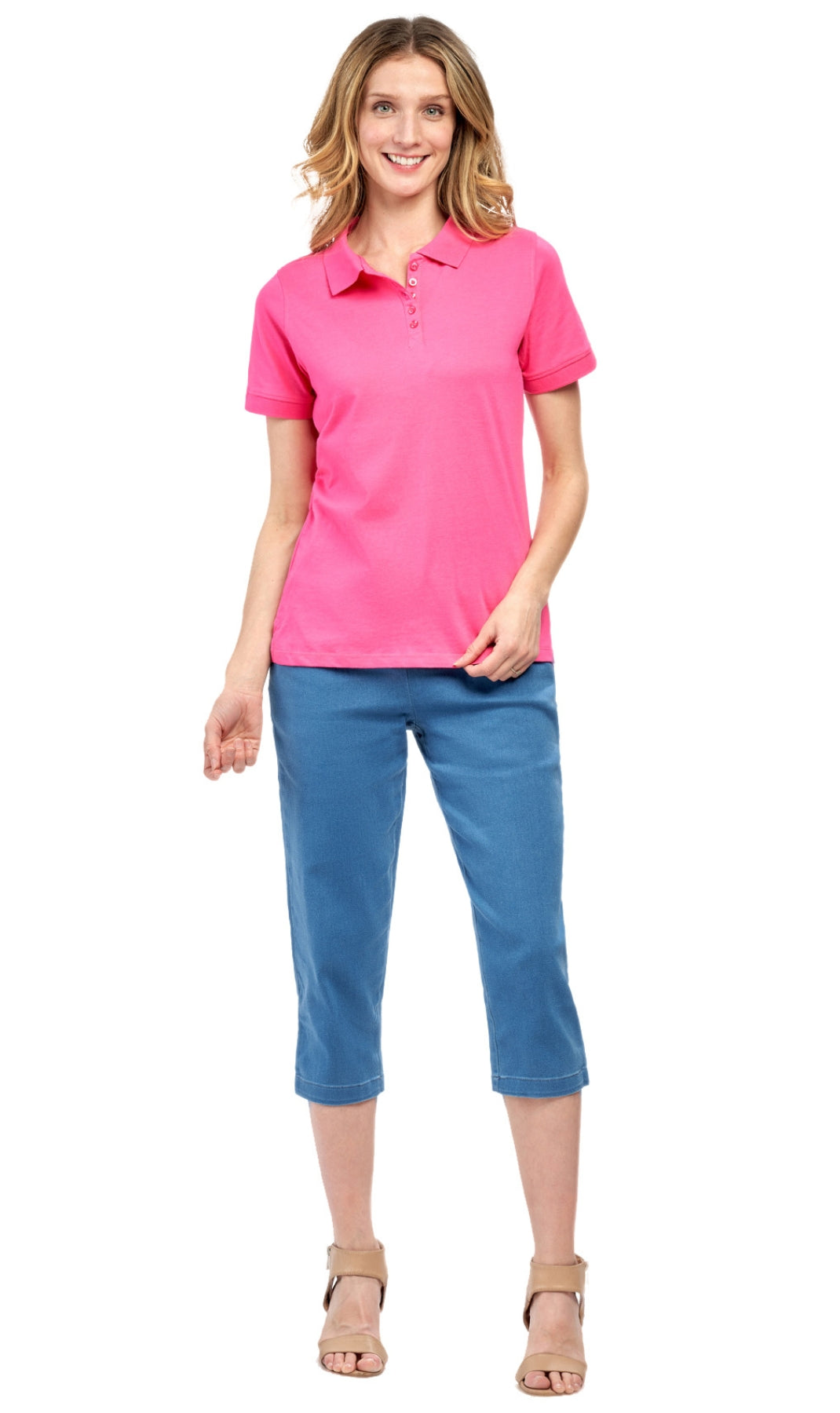 Women's Short Sleeve Pique Knit Polo Shirt in Relaxed Fit Pocketless Jersey