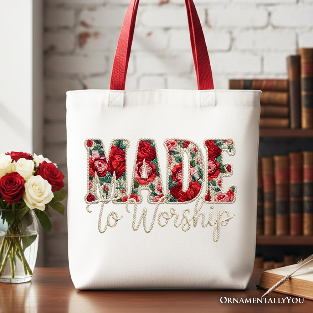 Made to Worship Printed Faux Yarn Crochet Christian Tote Bag, Floral Retro Faith Gift Shopper