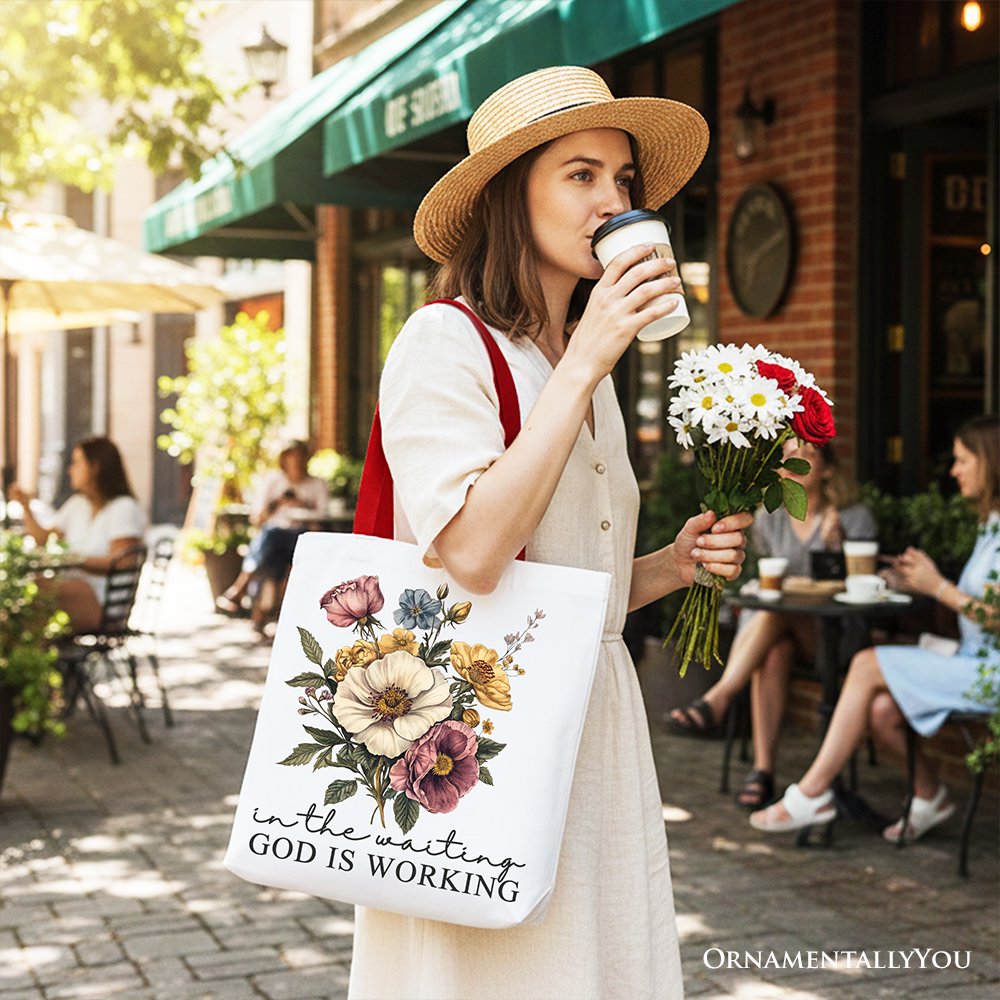 In the Waiting God Is Working Floral Christian Canvas Tote Bag, Vintage Wildflower Faith Gift Shopper